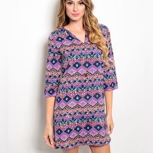 EVERLY USA 🇺🇸 Made ST. DR4275N Notch V Neck Shift Dress‎ Purple Tile Print XS